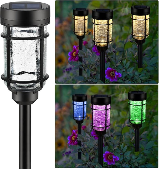 Solar Pathway Lights 8 Pack, Color Changing+Warm White LED Solar Lights Outdoor, Waterproof Solar Crackle Glass Stake Lights for Garden Path Walkway Backyard Lawn Landscape Decoration