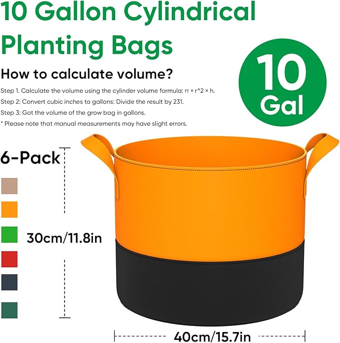 6 Pack 10 Gallon Grow Bags - 350G Heavy Duty Thickened Colorful Potato Grow Bags with Handles, Felt Nonwoven Garden Fabric Bags Gardening Pots for Vegetable Fruit Flowers Herbs Tomato Growing