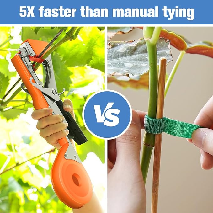 FUNTECK Plant Tying Machine to Tie Tomatoes Peppers and Cucumbers Quickly and Easily, Great for Gardeners Farmers, Including Spare Parts, Tapes and Staples, Orange