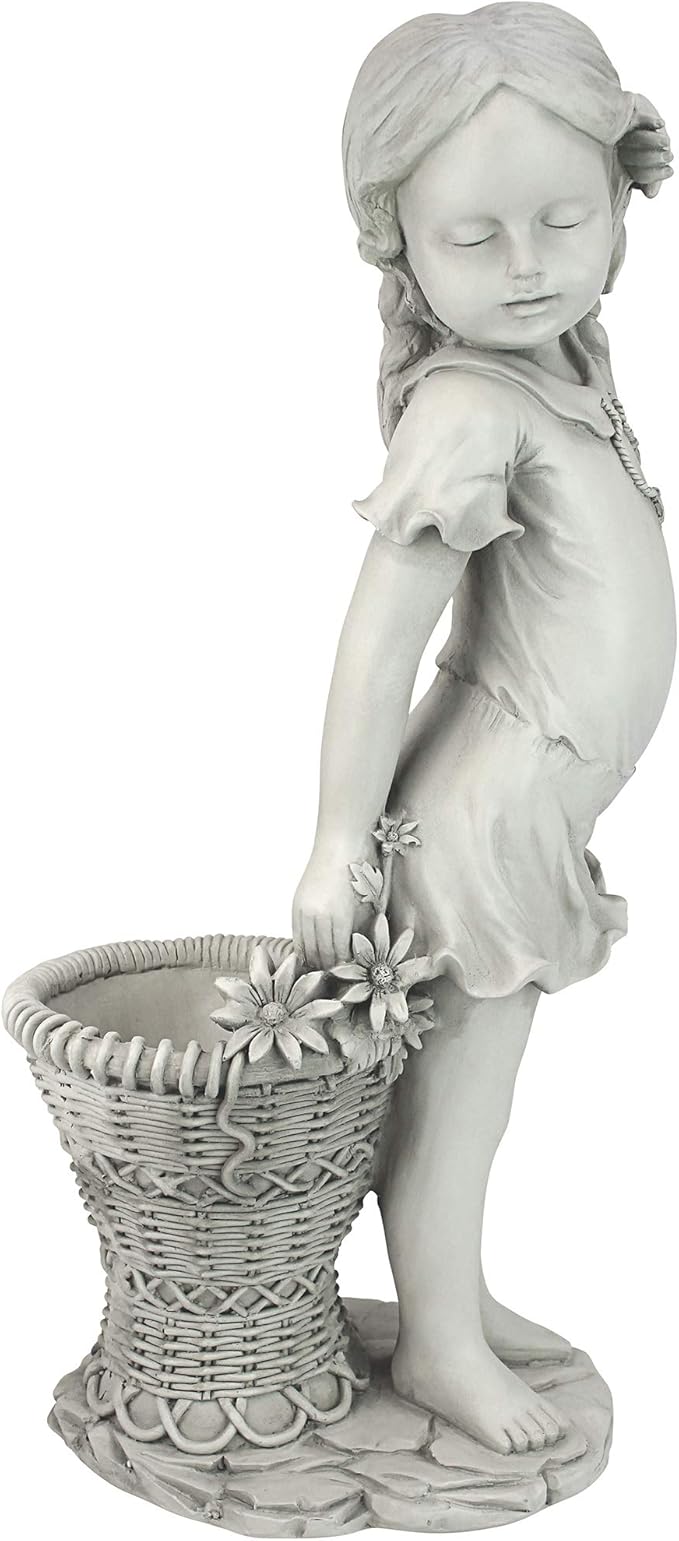 Design Toscano Frances the Flower Girl Outdoor Garden Statue with Planter, 21 Inch Tall, Cast Stone Resin, Antique Stone Finish