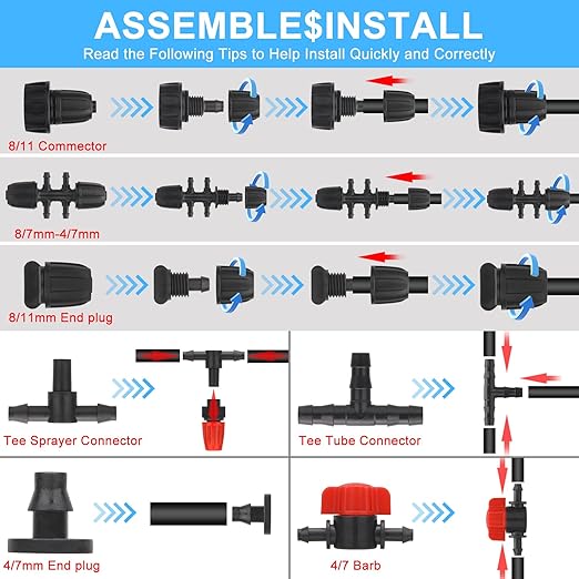 165FT Drip Irrigation System Kit, Greenhouse Irrigation System Patio Misting Plant Watering System, Yard, Lawn, Plant with 5/16 inch 1/4 inch Hose Distribution Tubing and Accessories