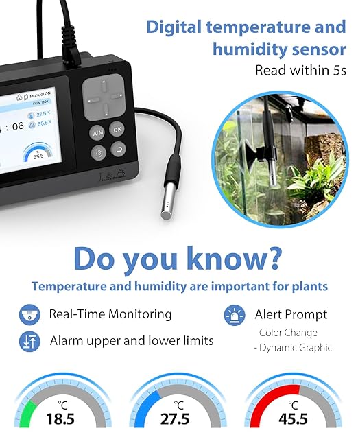 J&A Automatic Watering System for Potted Plants Drip Irrigation Kit Self-Watering System with Timer, Thermometer, Hygrometer for Indoor Plants, Grow Tent (Black)