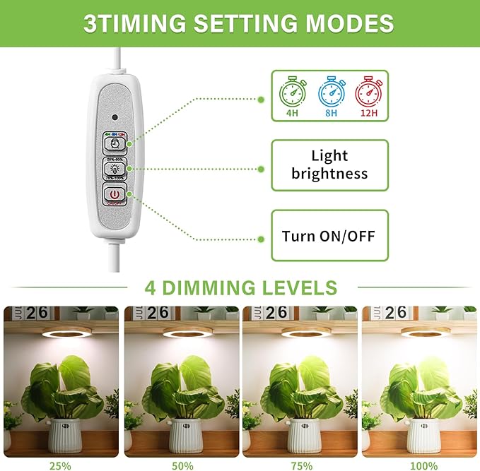 LORDEM 6.3" Bamboo Ceiling Grow Light for Indoor Plants, 144 LEDs Full Spectrum Grow Lamp, Under Cabinet Plant Light with 4/8/12H Auto Timer, 3 Switch Modes, 4 Dimmable Brightness Levels, Dual Head