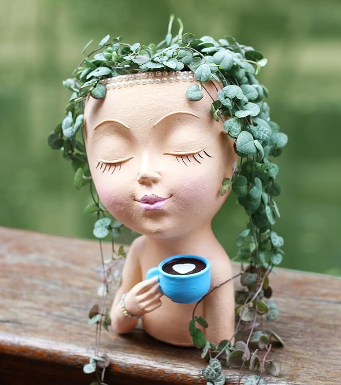 Face Pot for Plants, with a Base,Face Flower Pot for Indoor Outdoor Plants Resin Succulent Planter with Drainage Hole Cute Lady Face Plant Pots（Lignt Orange）