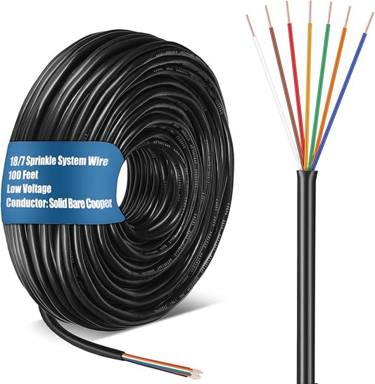 Hoolerry Solid Sprinkler System Wire 18 Gauge Irrigation Wire with UV Resistant PVC Jacket Sprinkler Cable for Underground Irrigation Field Central Control System 30v Ul Listed(18/7, 100 Ft)