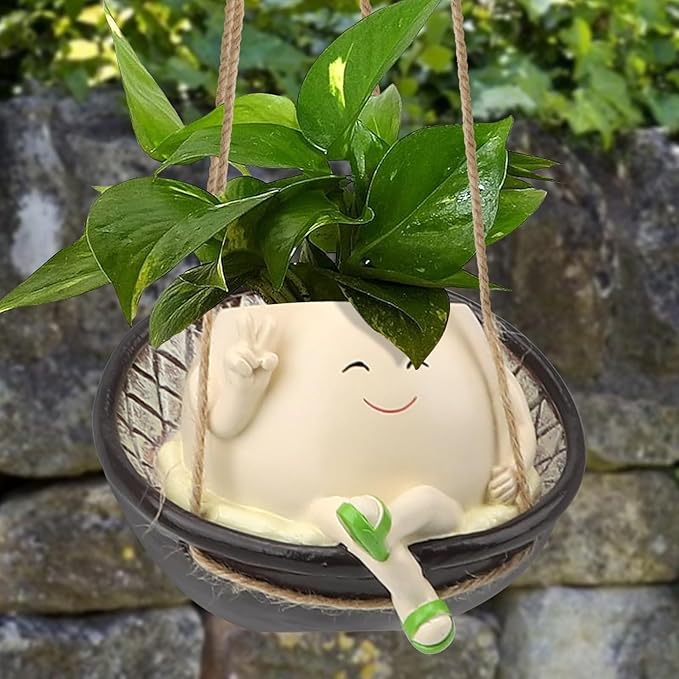 Hanging Swing Chair Planter Pot Resin Smile Face Plant Pot for Indoor Outdoor Plants Cute Head Flower Pots for Succulent String of Pearls Unique Gift for Mother's Day, Birthday