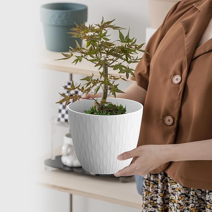 6 inch Plant pots, 12 Pack Modern Plastic Planters with Drainage Holes and Saucers for Repotting Indoor Plants and Flowers, White