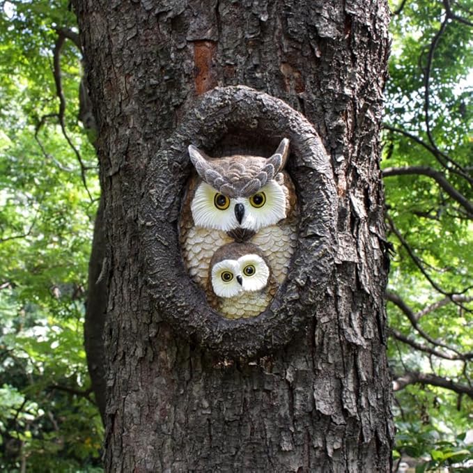 Owl Tree Hugger Whimsical Tree Sculpture Garden Statues Outdoor Tree Face Decor Garden Peeker Yard Art Decorations (Mom and Baby Owl)