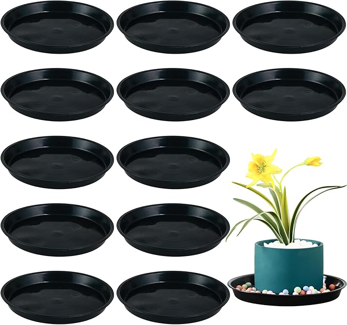 12 Pack Bottom 8 Inch Plant Saucers for Indoors Outdoors Plastic Plant Water Catcher Trays No Holes Round Flower Pot Drip Trays for Pots Base Heavy Duty Plant Pot Saucers Water Drainage Trays, Black