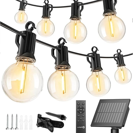 Brightown Solar String Lights Outdoor Waterproof with Remote & USB Port, 29FT Solar Patio Lights with 25+1 LED Shatterproof Bulbs, 3 Light Modes, Dimmable Hanging Light for Camping Backyard Garden