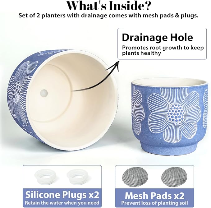 YBX 8 Inch + 6 Inch White Flower Pattern Plant Pots, Sand Glazed Ceramic Planter with Drainage Hole, Flower Pots for Indoor Plants, Blue