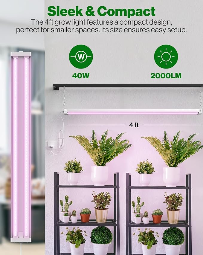 Sunco 4FT LED Grow Light for Indoor Plants 40W, Full Spectrum, Hanging Suspended Fixture, Linkable, Plug in, Greenhouse Year Round for Indoor Plants Seedlings Vegetables Flowers 2 Pack