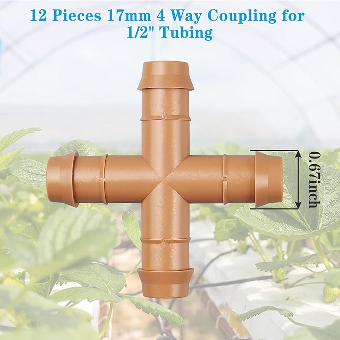 Drip Irrigation Parts Cross Connector, 12 Pack Drip Irrigation Four Way Line Connector Fittings Fits for 1/2" inch Drip Tubing Barbed Irrigation Fittings for Patio Lawn Garden