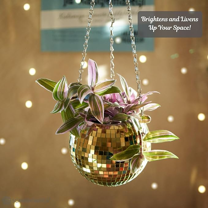 SCANDINORDICA Disco Ball Planter – Value Package: Mirror Disco Planter with Chain, Macrame Hanger and Acrylic Stand for Desk, Includes Self Watering Insert, Retro Decor | 6 inch Gold