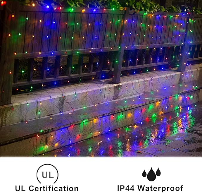 Pooqla Net Lights, 300LED Christmas Outdoor Mesh Light, 14.8x4.9 ft Fairy String 8 Modes Green Wire, Connectable Waterproof Decorative for Bushes Tree Garden Halloween, Colorful