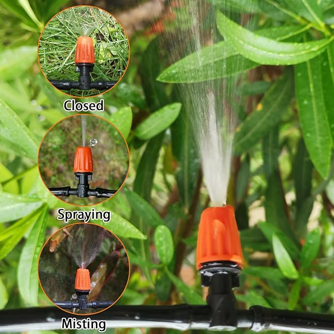 50pcs Micro Spray Adjustable Flow Irrigation Drippers, with 1/4" Barbed Tee Fittings, Adjustable Sprinkler drip Irrigation Head for Garden Watering System, Drip Irrigation Kit Parts