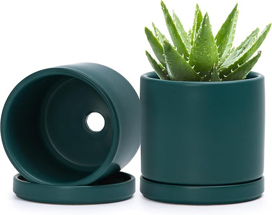 D'vine Dev Set of 2 Plants Pots, 4.6 Inch Ceramic Planter Pot for Plants with Drainage Hole and Saucer, Teal, 94-V-B-9