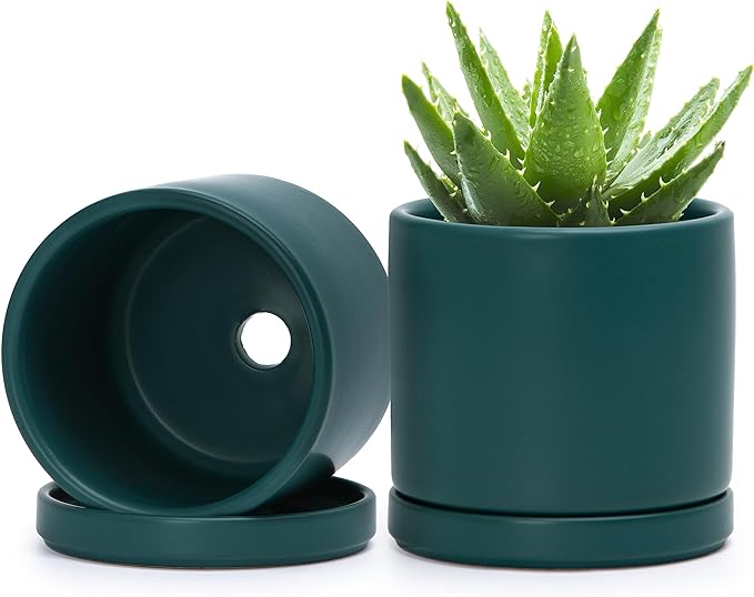 D'vine Dev Set of 2 Plants Pots, 4.6 Inch Ceramic Planter Pot for Plants with Drainage Hole and Saucer, Teal, 94-V-B-9