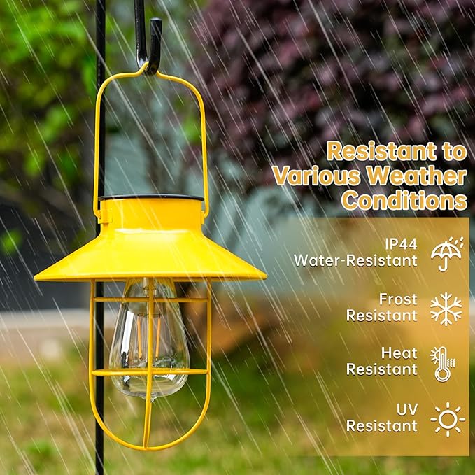 Solar Lights Lantern Lamp with Shepherd Hook, Solar Metal lanterns, outdoor lights decor, Water resistant Edison Bulb Lights for Garden ,outside decor for pathways,patio, lawn, or landscaping (Yellow)