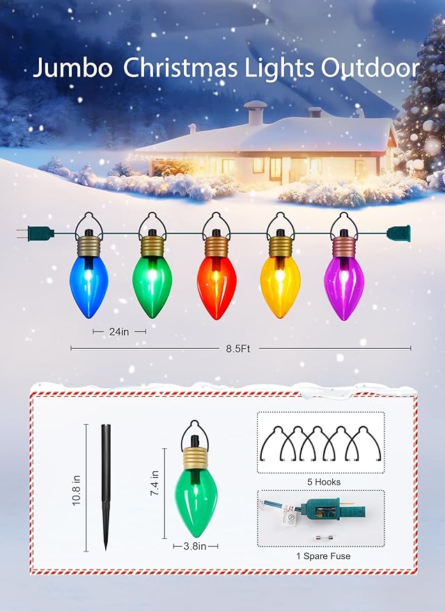 Hanging Christmas Decoration Outdoor - 8.5 FT 5 LED Jumbo Christmas Pathway Lights, Multicolor Christmas Walkway Lights, Waterproof Giant Christmas Lights Outdoor Decoration for Holiday Roof Yard Lawn