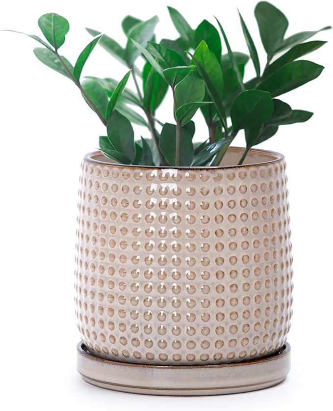 D'vine Dev 4 Inch Ceramic Beaded Stoneware Planter Pot - Flower Pot with Drainage Holes and Saucers for Indoor Succulent Plants or Flowers, Light Brown, 27-C-Z-4