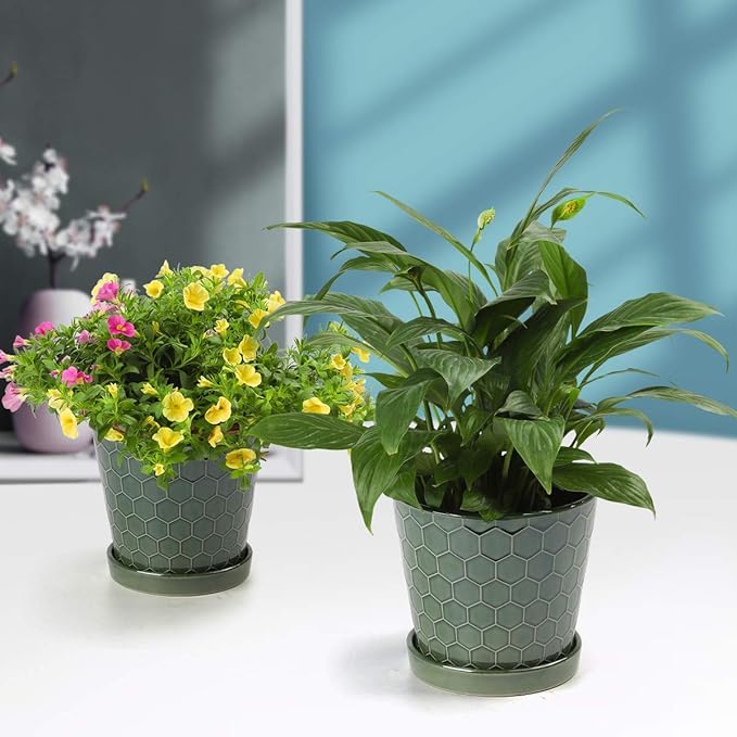 Ceramic Plant Pot – 4”+5”+6” inch Ceramic Flower Pot with Drainage Holes and Ceramic Tray - Gardening Home Desktop Office Windowsill Decoration Gift Set 3 - Plants NOT Included (Patina)