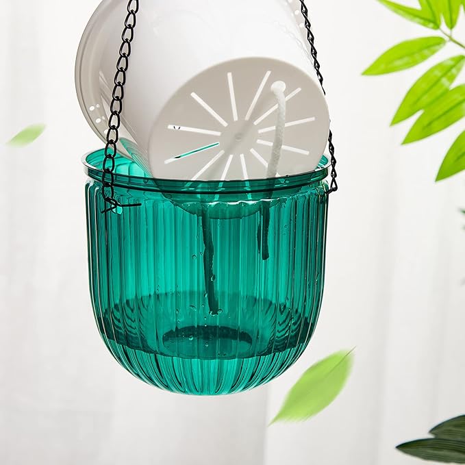 Meanplan 4 Pcs Self Watering Hanging Planter Indoor 6.5 Inch Hanging Baskets for Plants Outdoor Plastic Flower Pot with 3 Hooks Chains Drainage Holes for Garden Home, Medium Size(Emerald)