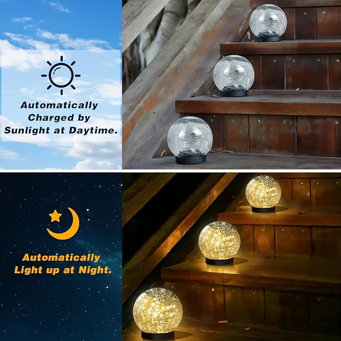 Solar Garden Lights Outdoor Waterproof, 4 Pack Cracked Glass Ball Light, Ground Landscape Garden Decor, Solar Globe Decorative for Pathway/Patio/Lawn/Yard (Warm White, 4.7")