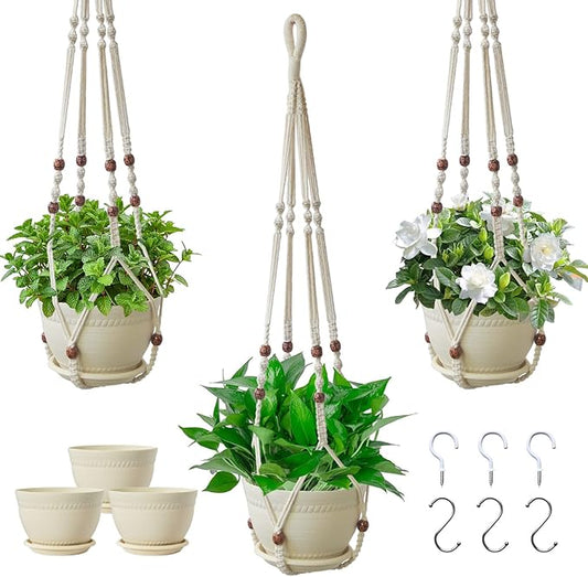 Macrame Plant Hanger with Pot, 3 Set Hanging Planters for Indoor Plants, Handmade Cotton Rope Boho Home Decor, Idea Gift for Anyone, Includes Plant Holders, Pots, Plates and Hooks (Ivory)