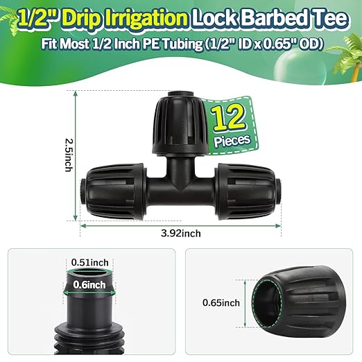 22 Pack Drip Irrigation Fittings Kit for 1/2 Inch Drip Tubing(1/2" ID x 0.65" OD), Anti-Drop Barbed 1/2'' Drip Line Connectors Include 3 Tees 3 Valves 2 Elbows 4 Plugs 5 Reducers 5 Emitters