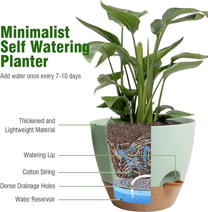 12 inch Large Self Watering Pots, Flower Plant Pots with Drainage Holes for Indoor Outdoor Garden Plants, Plastic Planters with Removable Deep Reservoir, Green with Brown