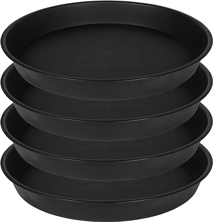 4 Pack of 16 inch Plant Saucer (13.5" Base), Heavy Duty Plastic Plant Tray for Pots, Flower Water Trays for Indoors, Bird Bath Bowls, Plant Drip Saucers for Planter 14"/15"/16" (Black)