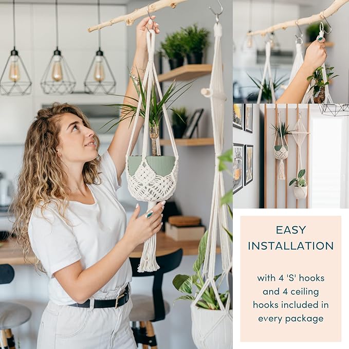 Nook Theory 4-Pack Macrame Plant Hanger - with 8 Ceiling Hooks - Hanging Planter Indoor Outdoor - Hanging Plant Holder - Decorative Bohemian Plant Hangers - Hanging Plants (Caramel)