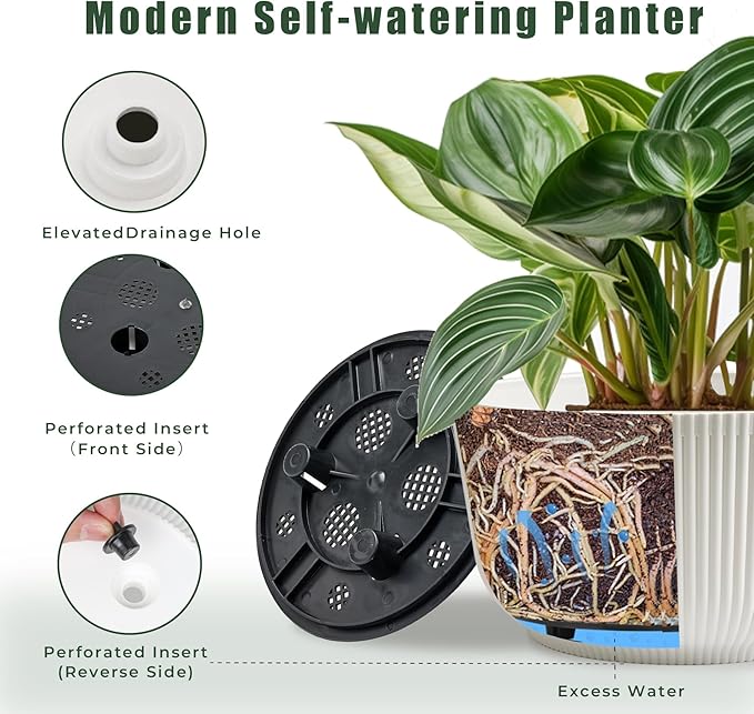 T4U 10 Inch Self Watering Pots for Indoor Plants, Plastic Plant Pots with Drainage Hole, Large Flower Pots for Indoor Outdoor Plants Cactus, Garden, Set of 2, White