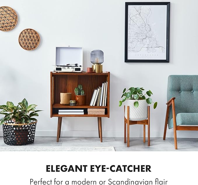 Fox & Fern Set of 3 Mid Century Plant Stand Indoor — Modern Raised Flower Pot Holder for 8, 10 & 11.8 Inch Planters (Not Included); Plug In Design; Two Height Options; Easy to Assemble - Acacia