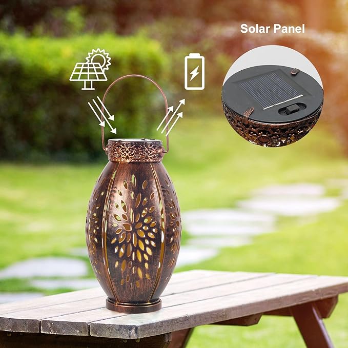 pearlstar 2 Pack Solar Lanterns Hanging Light Outdoor Waterproof Decorative Metal Solar Lamp for Table Garden Yard Patio Pathway,Copper,Birthday Gifts for Women Mom Men,Flower