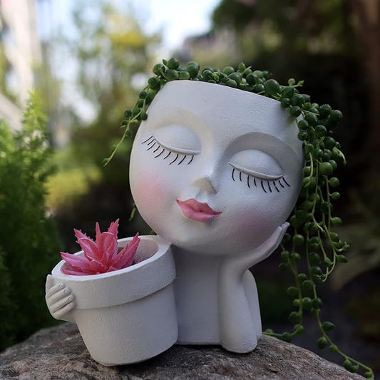 Head Planter Face Flower Pot, Dolkgy Woman Face Planter Unique White Head Planters for Indoor Outdoor Plants, Novelty Plant Pot Cute Lady Head Vase with Drainage Hole for Home Garden Succulents Cactus