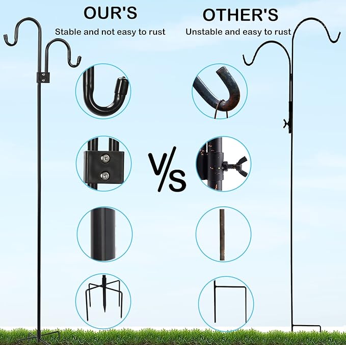 Double Shepherds Hooks For Outdoor 108 Inch, Heavy Duty Metal Bird Feeder Pole Stand With 5 Base Prongs, 28.5 To 108 Inch Adjustable Garden Holder For Hanging Plant, Wind Chimes, Wedding Garden Etc