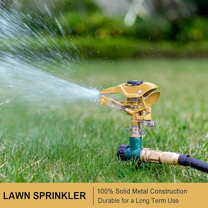 FANHAO Heavy Duty Pulsating Lawn Sprinkler on Spike Base, 100% Metal Impact Sprinkler with Adjustable Spray Pattern for Lawn Yard Irrigation, 360 Degree Large Area Coverage, Covers Up to 8500 sq. ft