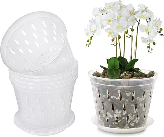 6 Pack 5 Inch Clear Orchid Pots with Holes and Saucers Orchid Pot for Plant and Repotting