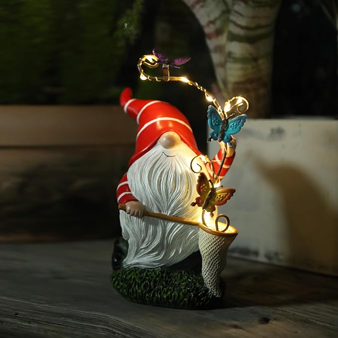 Garden Gnome Statue, Solar Funny Gnomes Figurine Catching Butterflies with LED Lights Waterproof Resin Outdoor Decor for Patio Lawn Yard Home Tabletop Decoration