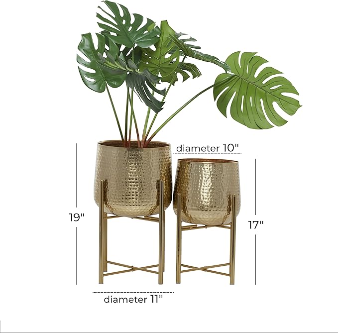 CosmoLiving by Cosmopolitan Metal Indoor Outdoor Planter Deep Recessed Hammered Dome Large Planter Pot with Removable Stand, Set of 2 Planters 17", 19"H, Gold