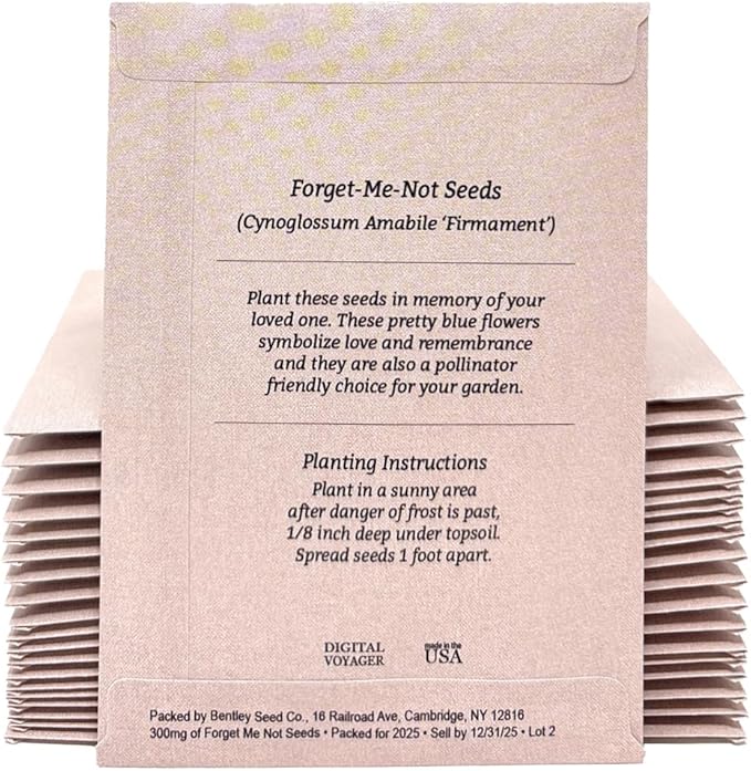 Forget Me Not Seeds - Memorial Funeral Favors - Memories Too Beautiful - 3.25x4.5 inches - Prefilled Seed Packets - Ready to Give - Pack of 20