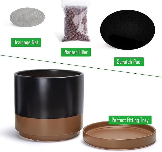 D'vine Dev 14 Inch Ceramic Planter Pot with Drainage Hole and Saucer, Indoor Cylinder Round Planter Pot, Black/Speckled Tan, 94-O-G-7