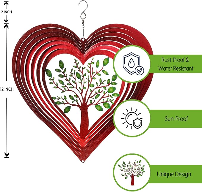Heart Wind Spinners for Yard and Garden, Metal Ornaments for Garden Décor, Outdoor Wind Spinner, Heart Décor Gifts, Outdoor Garden Decoration, 12 inch Heart Wall Décor by ISEO