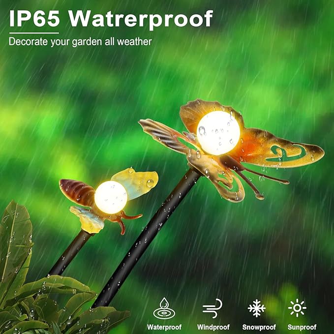 Butterfly Solar Garden Lights - Newest 12 LED Firefly Butterflies Bees Solar Outdoor Lights Swaying Butterfly Light for Yard Patio Pathway Decoration (Multi-Colour)