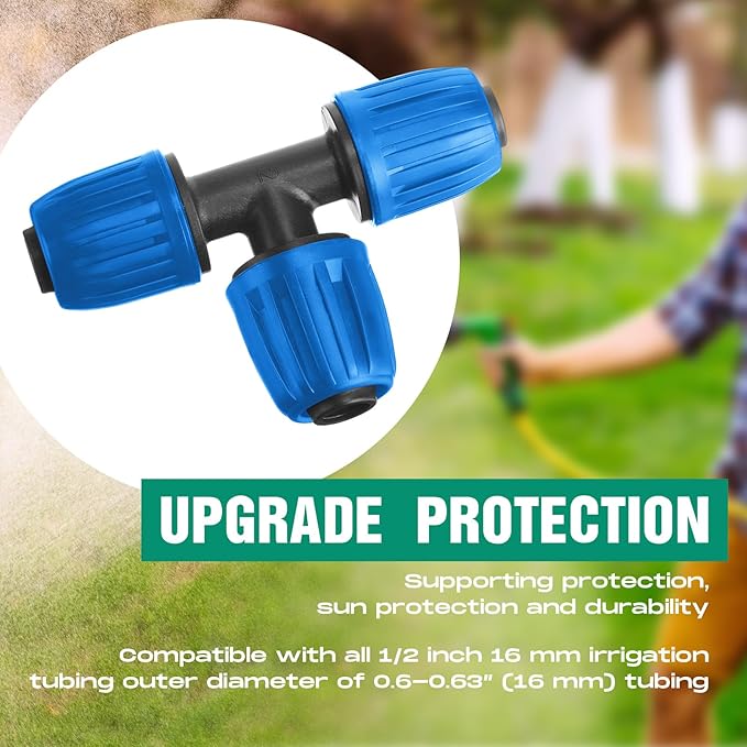 32 Pcs 1/2" Tubing Irrigation Fittings Kit 1/2" ID x 0.6-0.63" OD 16 mm Drip Irrigation Barbed Connectors 4 Switch Valves, 8 Tees, 8 Couplings, 4 Elbows, 4 Ends, 4 Adapters (Blue, Green)