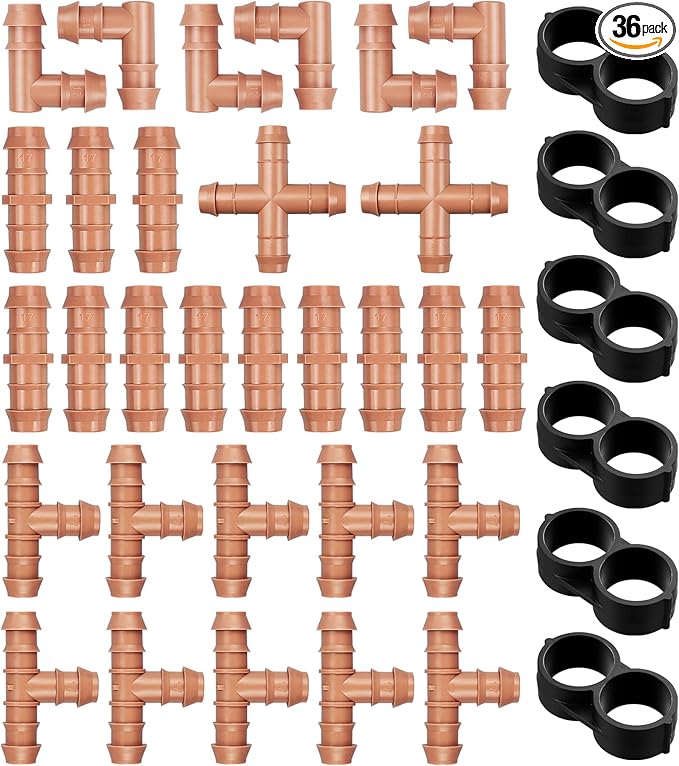 36 Pieces Drip Irrigation Kit：Drip Irrigation Parts for 1/2 Inch Drip Irrigation Tubing with 17mm 0.600" ID Drip Barbed Connectors Including 12 Couplings 10 Tees 6 Elbows 6 Plugs 2 Crosses