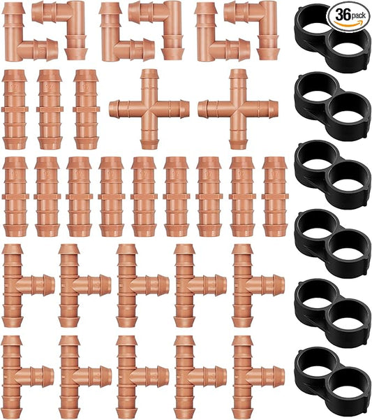 36 Pieces Drip Irrigation Kit：Drip Irrigation Parts for 1/2 Inch Drip Irrigation Tubing with 17mm 0.600" ID Drip Barbed Connectors Including 12 Couplings 10 Tees 6 Elbows 6 Plugs 2 Crosses