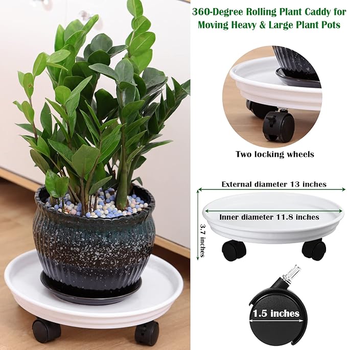 6 Packs Plant Caddy with Wheels 12" Plastic Rolling Plant Stands Heavy-Duty Plant Dolly with Casters Indoor Outdoor Plant Roller Base Plant Pot Saucers on Wheels Planter Mover, White